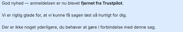 Forhåndsvisning av korrespondanse for fjerning av Trustpilot